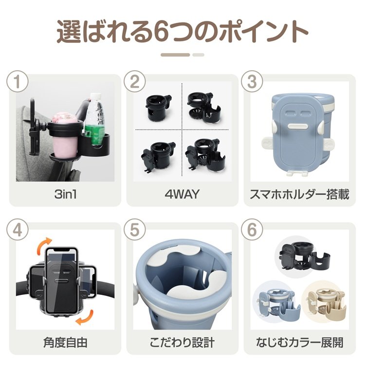 ドリンクホルダー マルチドリンクホルダー 多機能ドリンクホルダー スマホホルダー 3in1 滑りにくい 角度調整可能 クランプ式 おしゃれ 車椅子に ペットカート 車用 ee434 - 画像 (4)