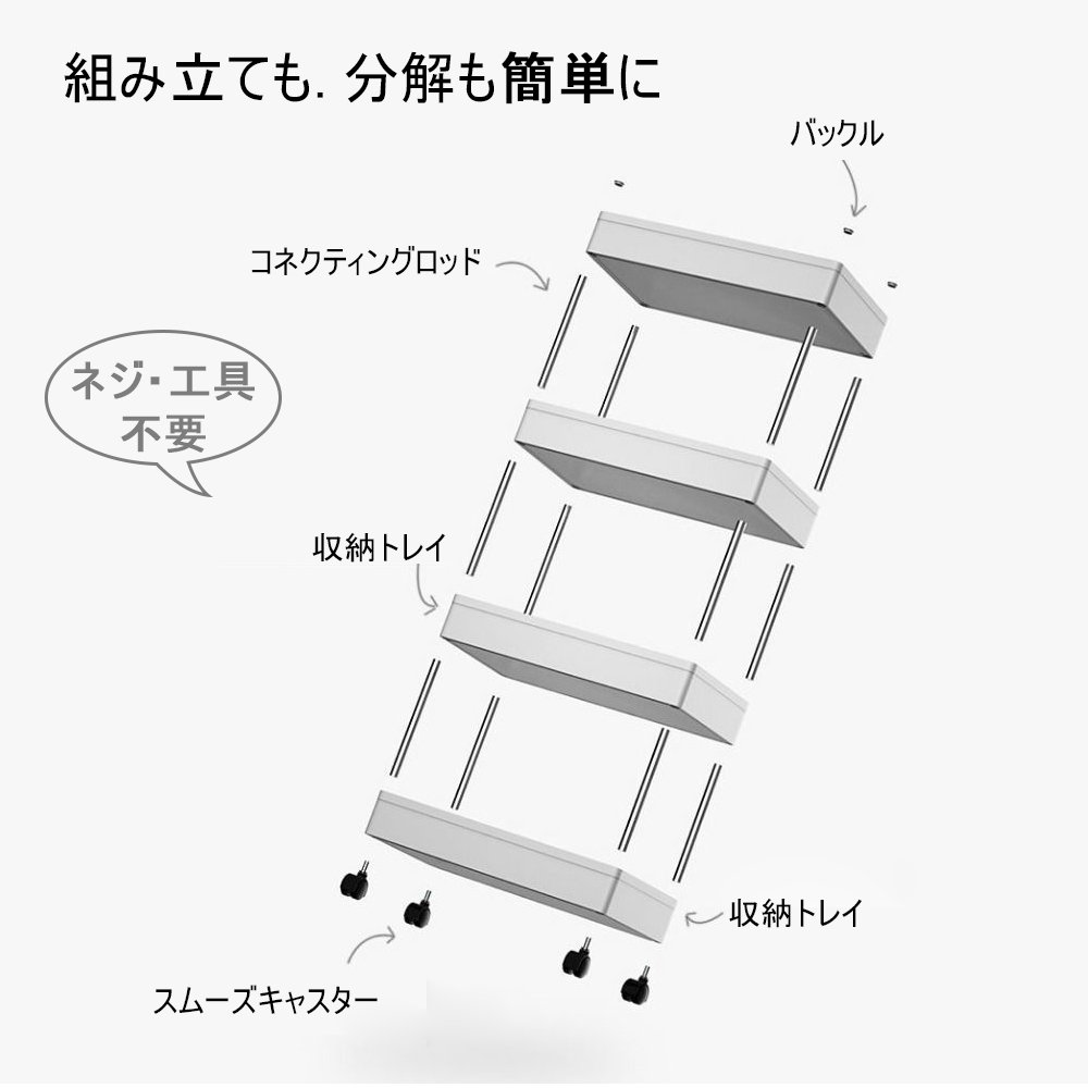 ラック スチールラック キャスター付き キッチンワゴン スチールシェルフ レンジラック レンジ台 オープンラック 本棚 食器棚 大型 レンジ 省スペース 収納 すきま収納 キャスター付 メタル ラック Z-05 - 画像 (5)