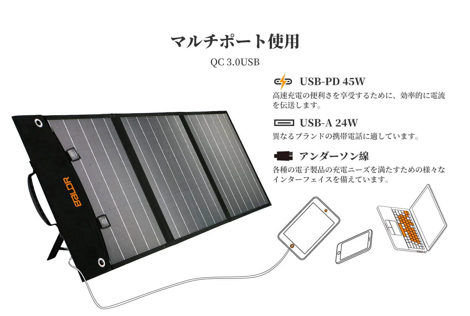 BALDR ソーラーパネル 60W ソーラーチャージャー折りたたみ式 USB スマホやタブレット 災害用バッテリー 太陽光発電 車中泊 キャンプ 地震停電対策 節電グッズ R1009 - 画像 (10)