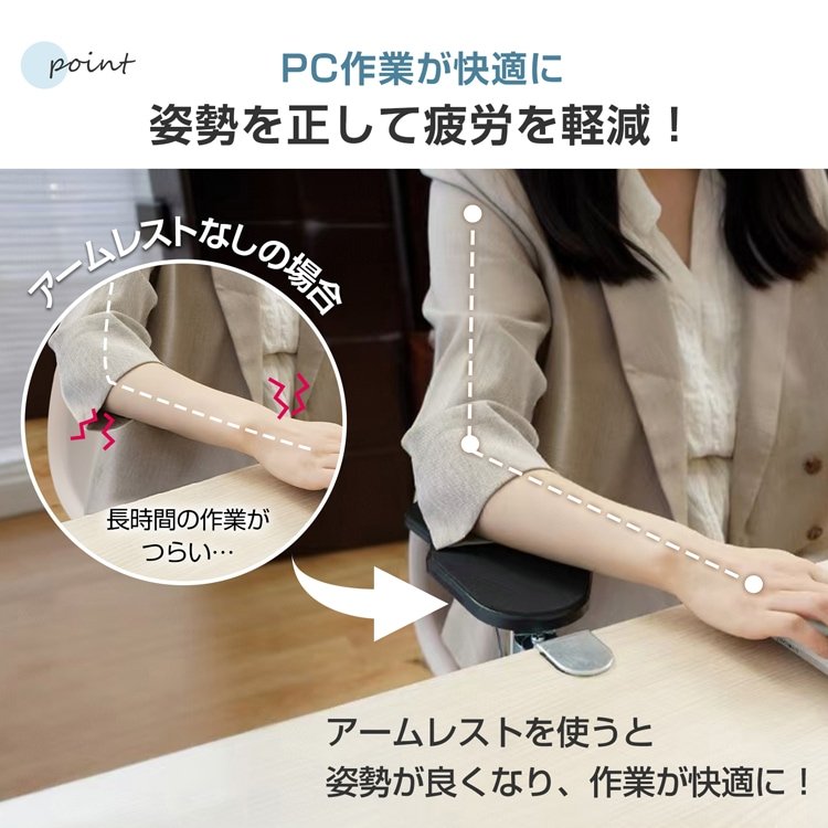 アームレスト 肘置き デスク用 肘掛け リストレスト 左右180°回転 折りたたみ収納 腕や肘の疲労を軽減 人間工学 PC作業 オフィス 在宅ワーク cc012 - 画像 (5)