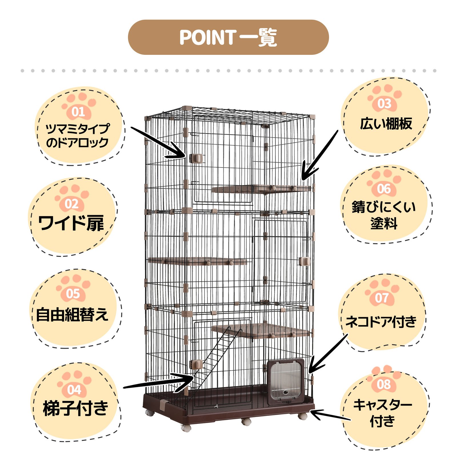 猫 ケージ 収納型 キャットケージ 3段 1段2段可能 キャスター付 キャットハウス 【グレー】TX290591CAA - 画像 (2)