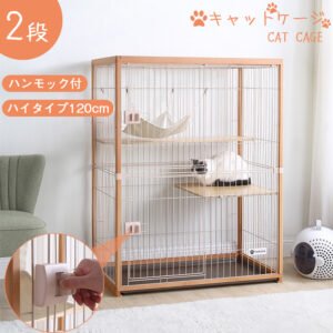 猫 ケージ キャットケージ 2段 木製フレーム ハンモック付 広々 大型 猫ゲージ 高級感 ナチュラル TX294085AAA