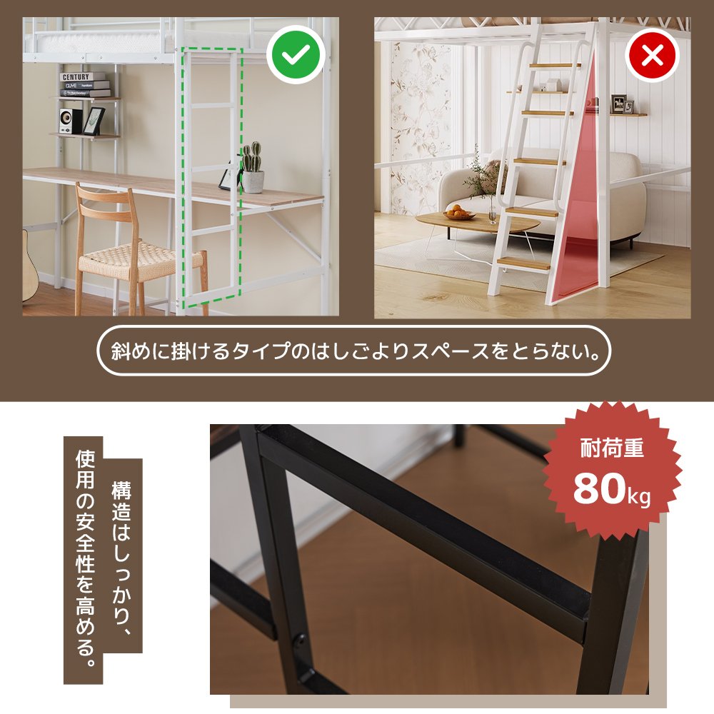 システムベット ロフトベッド シングル コンセント付き デスク付き 耐荷重120kg 高さ170cm 北欧風 二段ベッド 大人ベッド 一人暮らし 部屋二段ベッド スチール 耐震 ベッド パイプベッ WF309900AAA - 画像 (8)