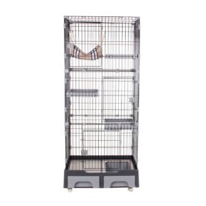 猫 ケージ トイレ付 ハンモック付 収納型 キャットケージ 3段 1段2段可能 キャスター付 キャットハウス ネコ【グレー】TX294682AAA