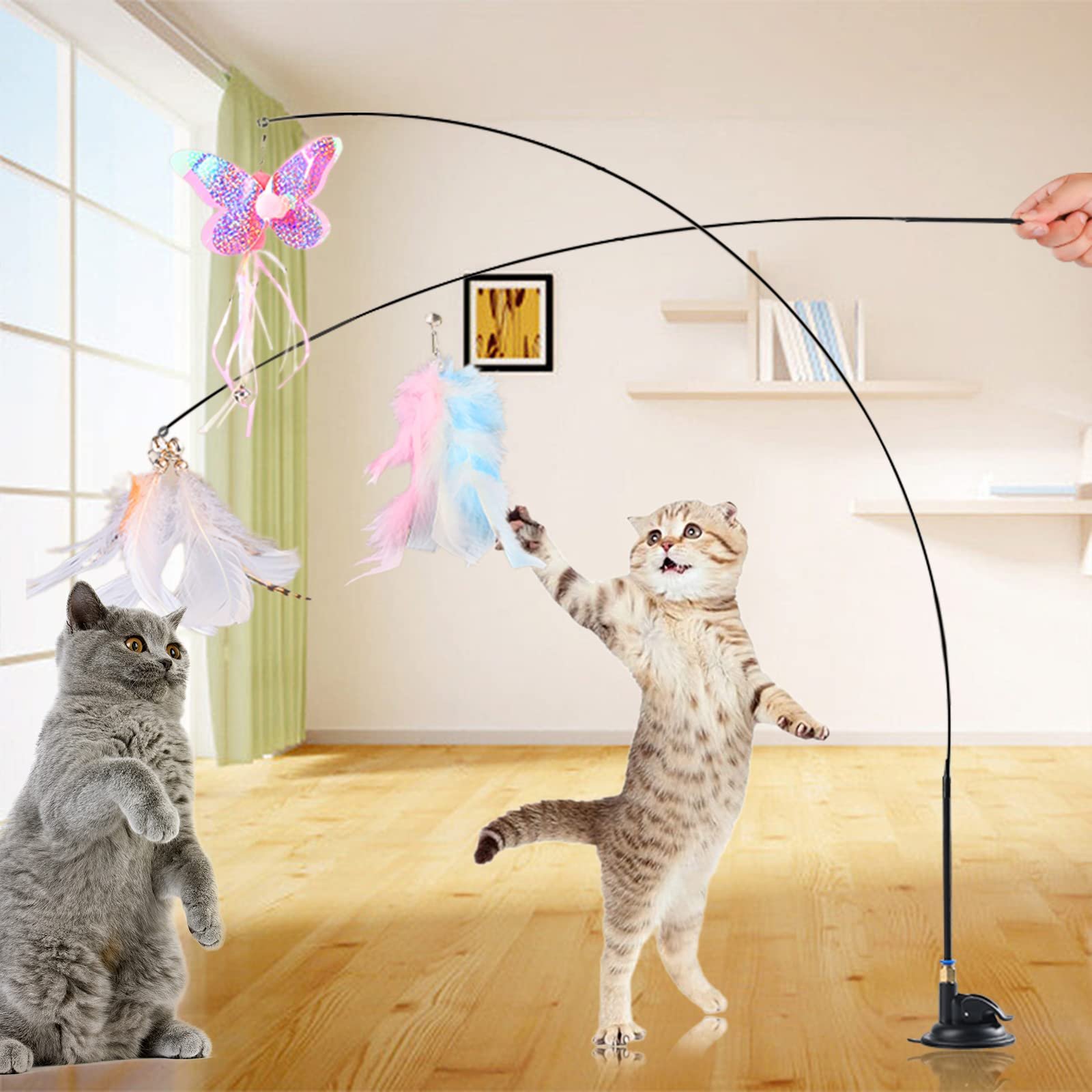 X30 猫じゃらし 吸盤式自動 釣り竿 プレミアムフェザー 猫用玩具 リアルな動物の交換猫用 羽棒鈴付き 猫のお好みじゃらし、猫のおもちゃ屋内猫用 子猫プレイチェイスエクササイズ ねこ