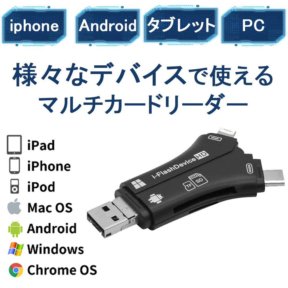 SDカードリーダー iPhone バックアップ アダプター 読み取り USBメモリ 写真 保存 スマホ データ 高速移行 スマホ ノートパソコン カメラ カメラリーダー 音楽 4in1 容量不足解決 A-01 - 画像 (2)