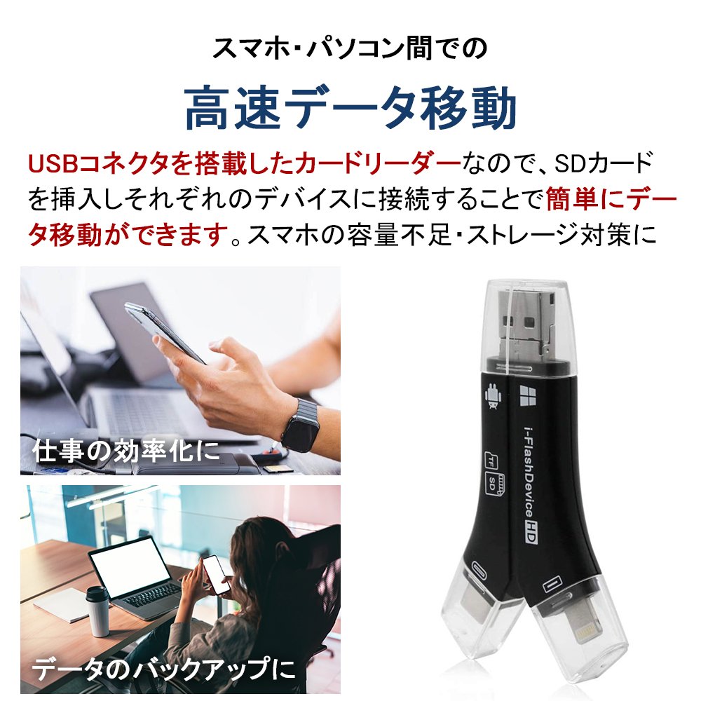 SDカードリーダー iPhone バックアップ アダプター 読み取り USBメモリ 写真 保存 スマホ データ 高速移行 スマホ ノートパソコン カメラ カメラリーダー 音楽 4in1 容量不足解決 A-01 - 画像 (5)