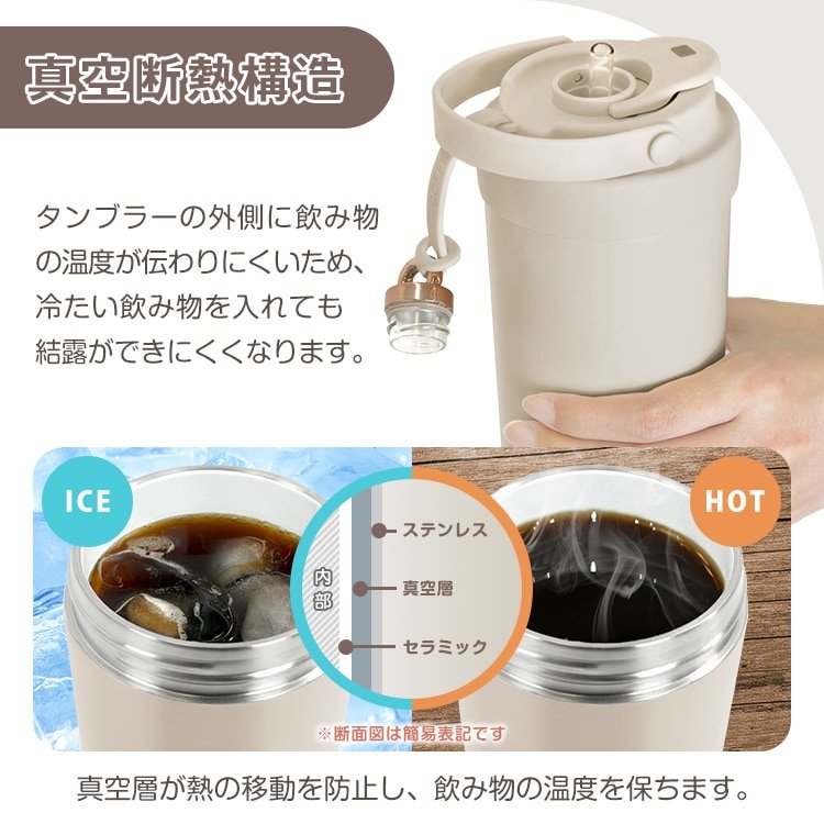 タンブラー 500ml 保温 保冷 3way飲める 伸縮ストロー 液漏れ防止 蓋付き 持ち手付き 真空断熱 二重構造 社内 外出 休憩 sg313 - 画像 (6)