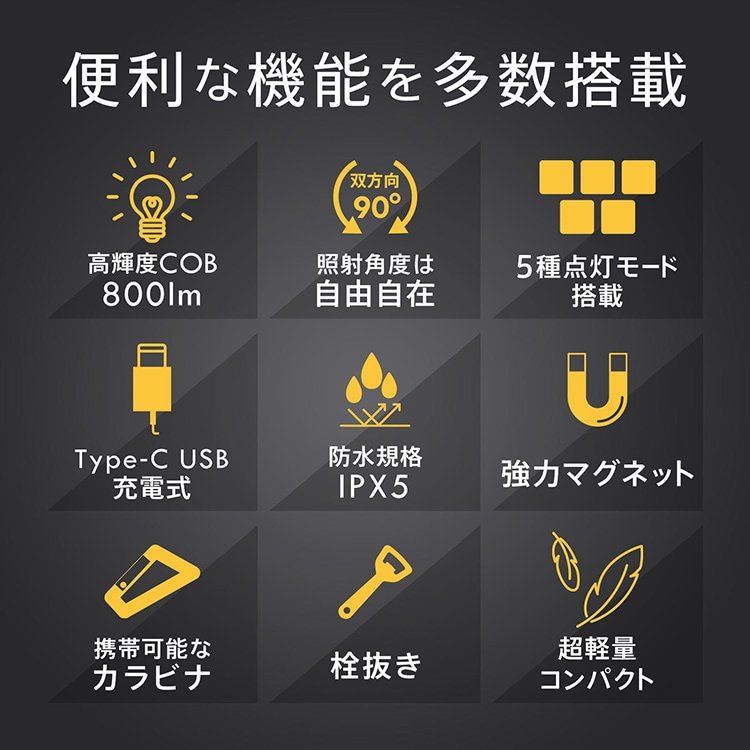 LED投光ライト 投光器 作業用ライト カラビナ付き USB充電 5つ点灯モード IPX5防水 超軽量 持ち運び便利 アウトドア キャンプ 点検作業 災害時 非常用 停電 sl101 - 画像 (6)