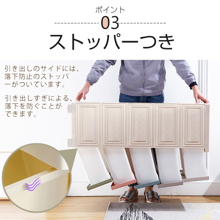 収納ボックス 5段 収納ケース 隱しキャスター付き ストッパー付き 引き出し 組立簡単 工具不要 落下防止 丸角加工 プラスチック素材 おしゃれ 洗面所 寝室 リビング クローゼット ny423 - 画像 (4)