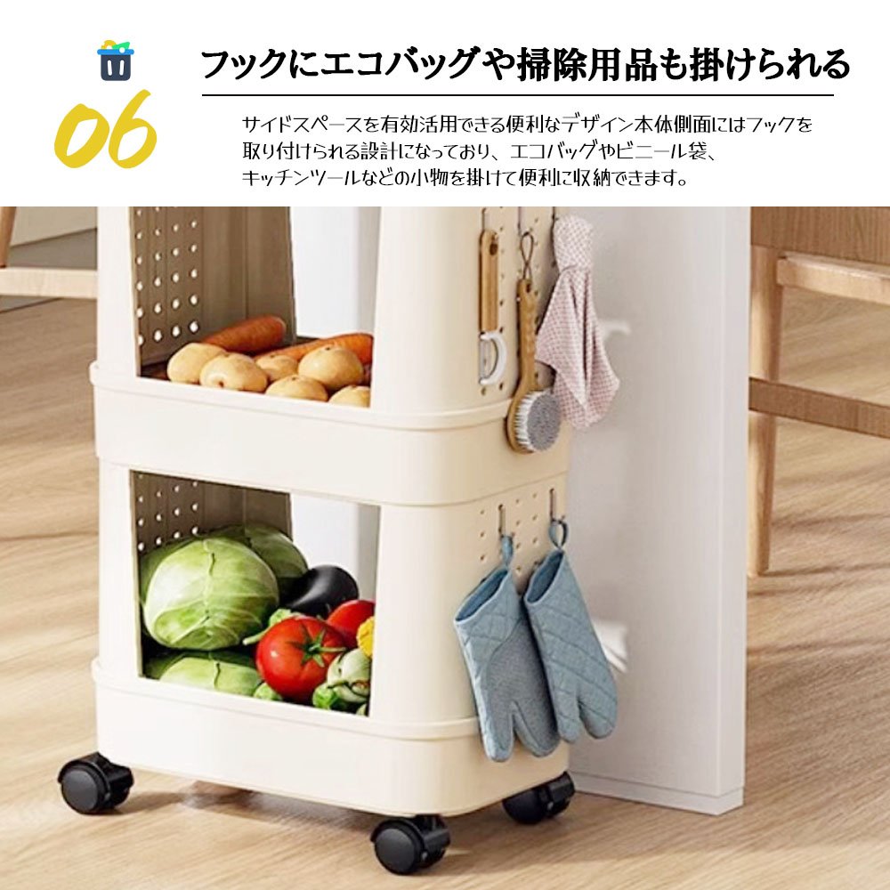 ゴミ箱 多機能 ふた付き キャスター付き 縦型 大容量 キッチンワゴン 小物入れ 省スペース スリム キッチン 洗面所 リビング 新生活 収納整理 FB-03 - 画像 (7)
