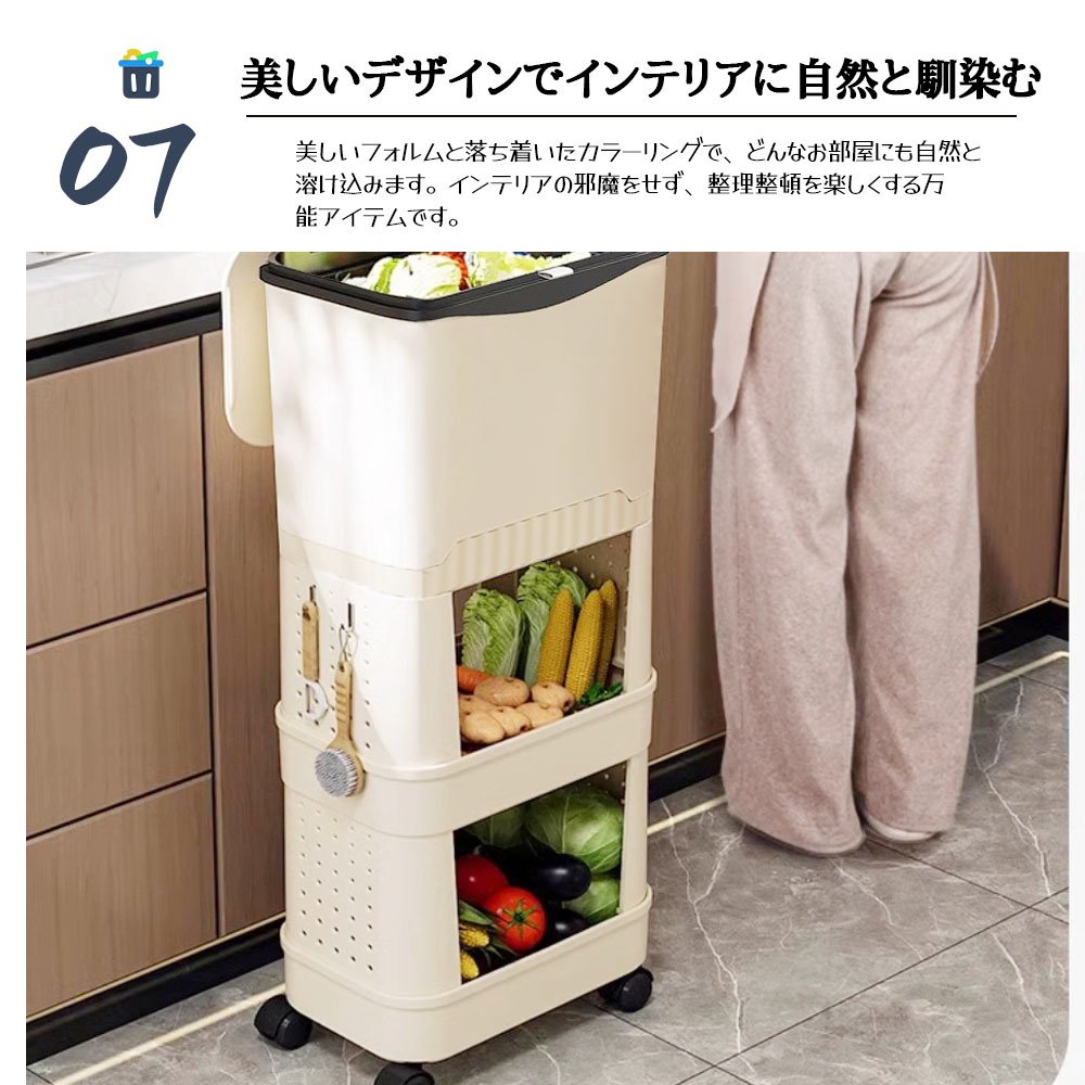 ゴミ箱 多機能 ふた付き キャスター付き 縦型 大容量 キッチンワゴン 小物入れ 省スペース スリム キッチン 洗面所 リビング 新生活 収納整理 FB-03 - 画像 (8)